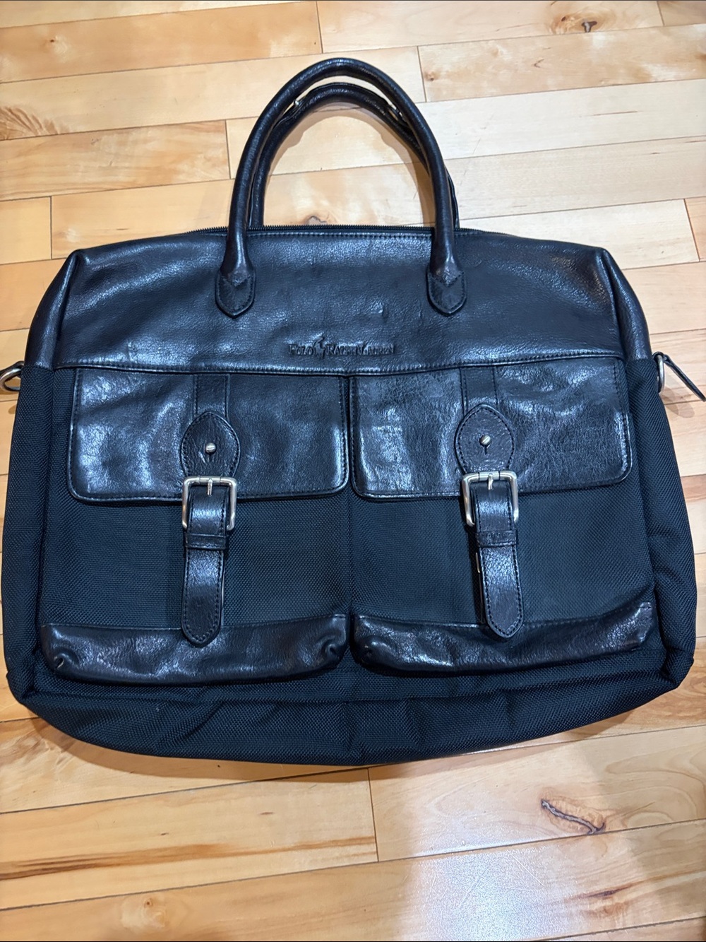 Vintage Polo by Ralph Lauren Black Leather & Nylon Two-Pocket Laptop Briefcase